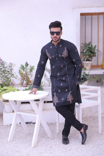 Black Color Embroidery Work Kurta Pajama For Men